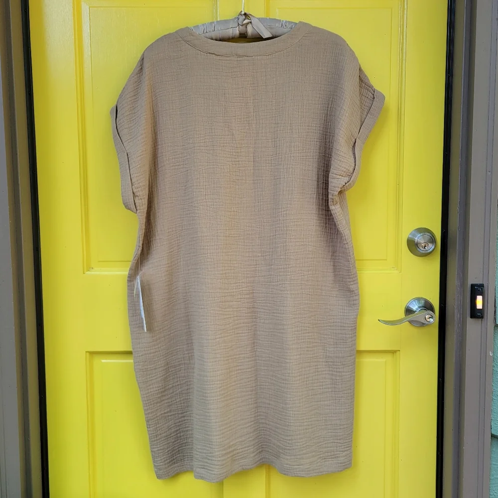 NWT Luxology Taupe Cotton Gauze Dress XL | Coastal Neutral V Neck Boho - Picture 7 of 13